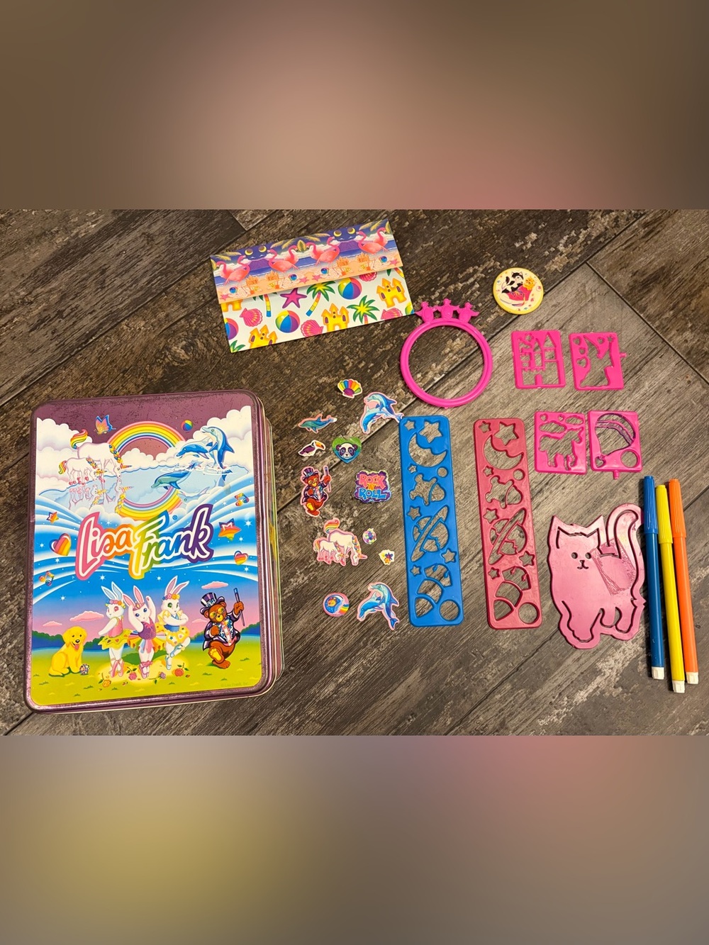 Lisa Frank Tin Pink & Blue Sticker and Stencil Tin Set and lots of extras!